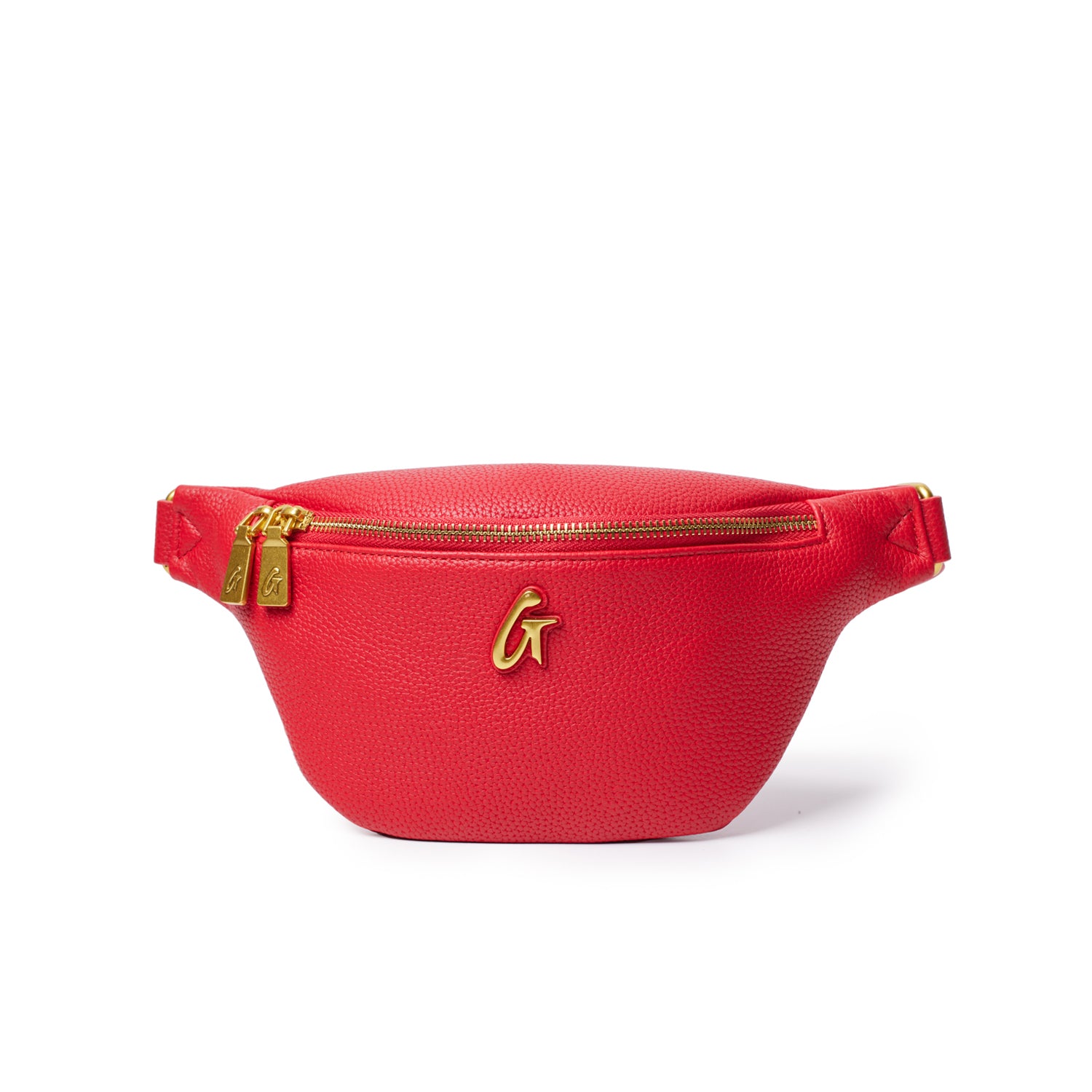 Red mini pebble fanny pack with gold zipper and logo, designed for stylish, hands-free carrying.