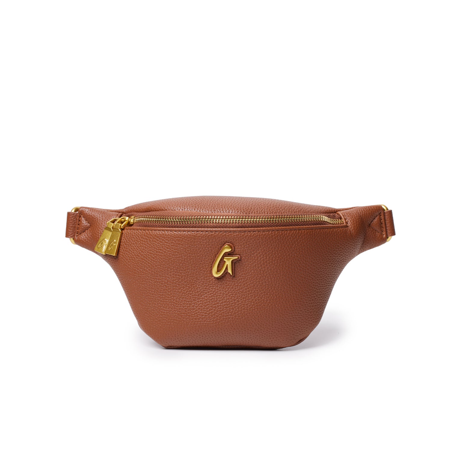 Brown mini pebble fanny pack with gold zipper and logo, compact design, perfect for carrying essentials.