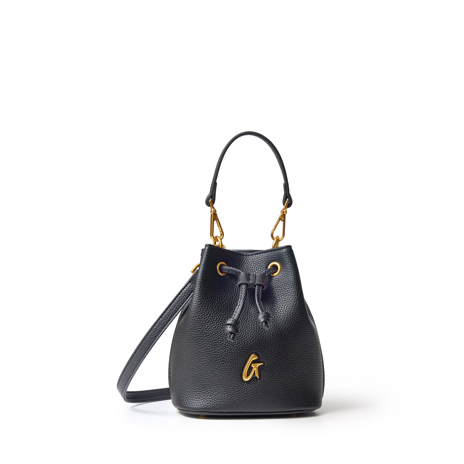 Black pebble bucket bag with gold accents, drawstring closure, and adjustable strap, part of the Pebble Bucket Bag Bundle.