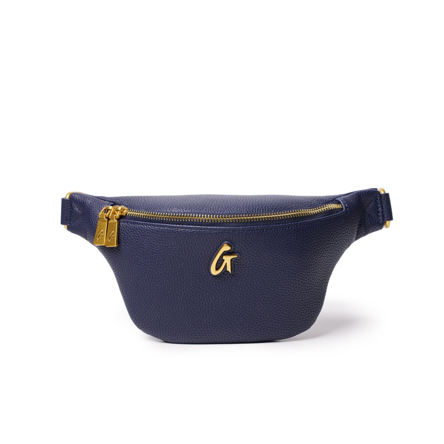 Mini navy pebble-finish fanny pack with gold zipper and logo, designed for stylish, hands-free convenience.