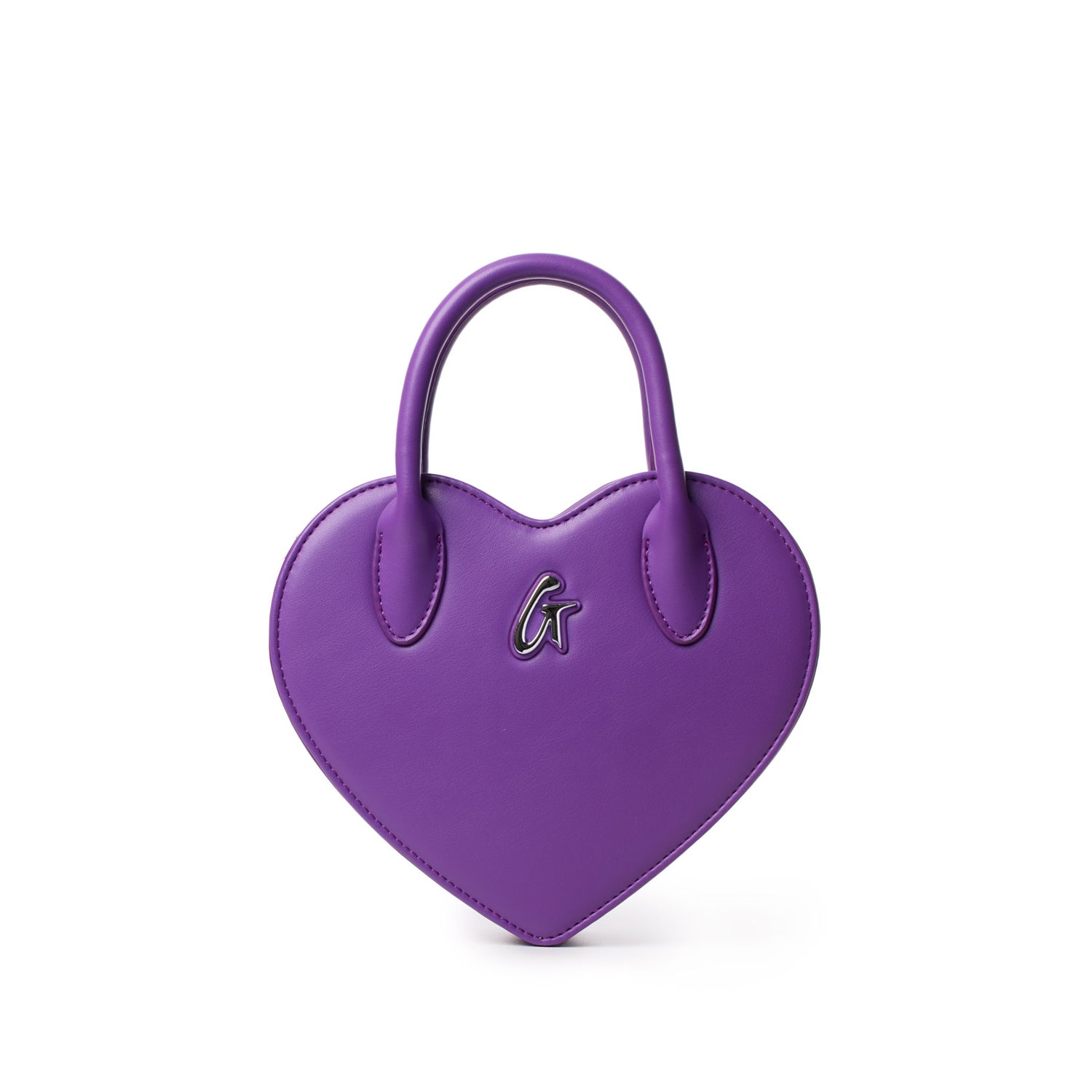 Mini purple heart-shaped bag with a silver "G" logo and top handle, perfect for a cute, compact accessory.