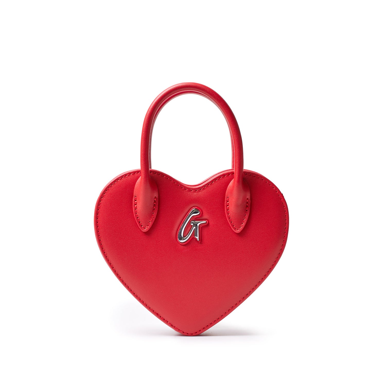 Red mini heart-shaped bag with a silver "G" logo and top handle, perfect for a cute, stylish accessory.