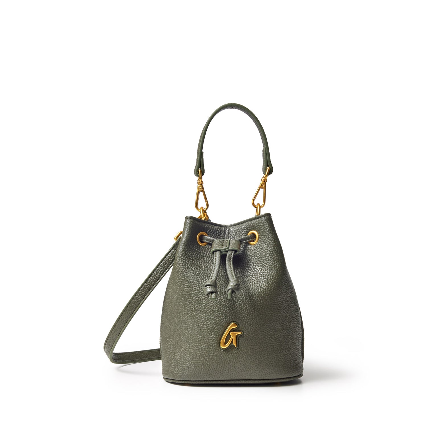 Olive green mini pebble bucket bag with gold hardware, drawstring closure, and adjustable shoulder strap.