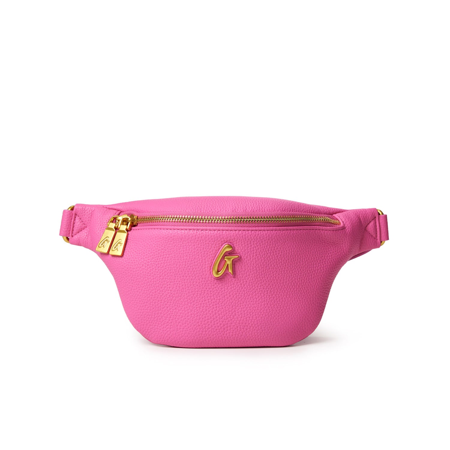 Mini pebble fanny pack in hot pink with gold zipper and logo, compact and stylish for casual wear.