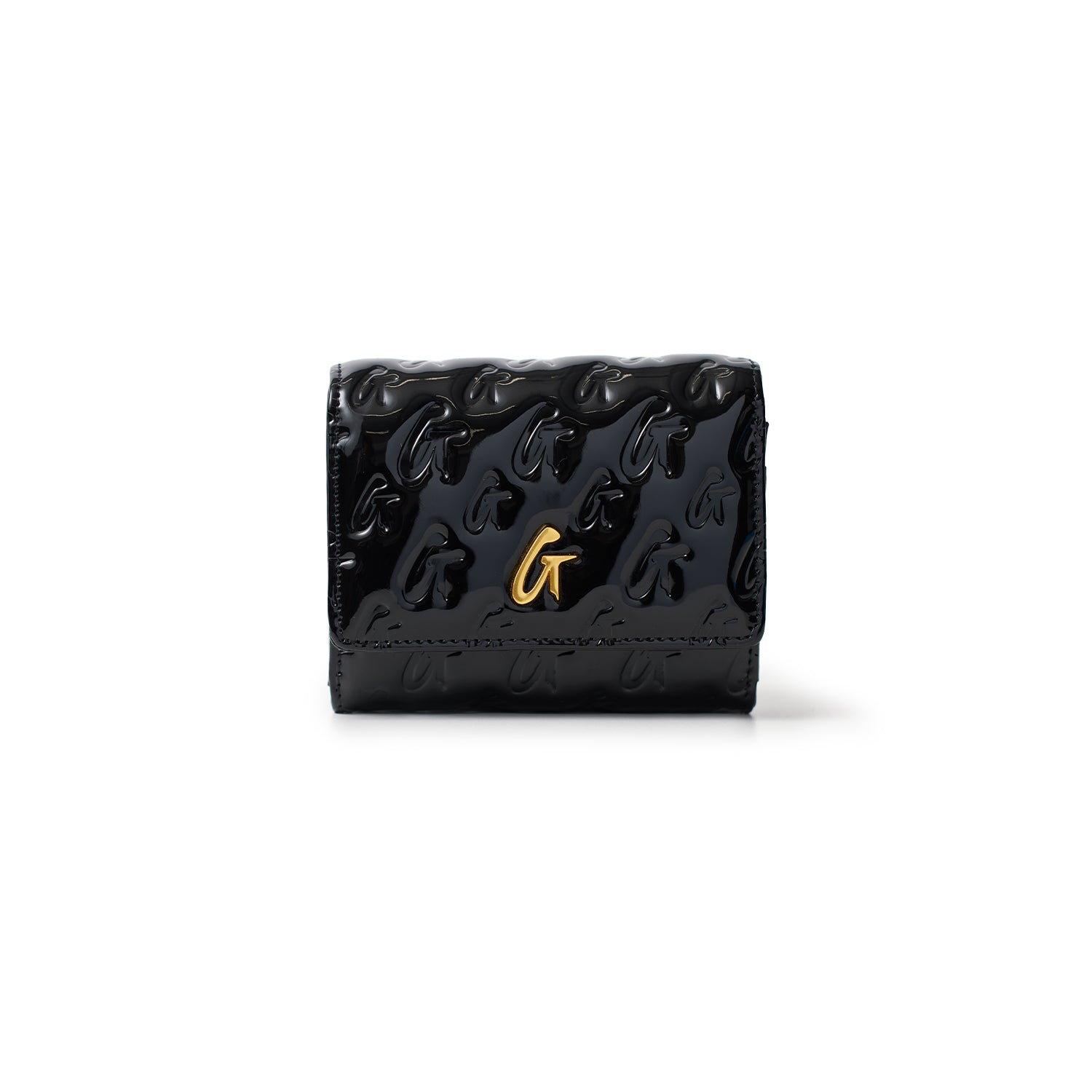 Black Monogram Gold Compact Wallet with a glossy finish, embossed pattern, and a gold "G" logo on the front.