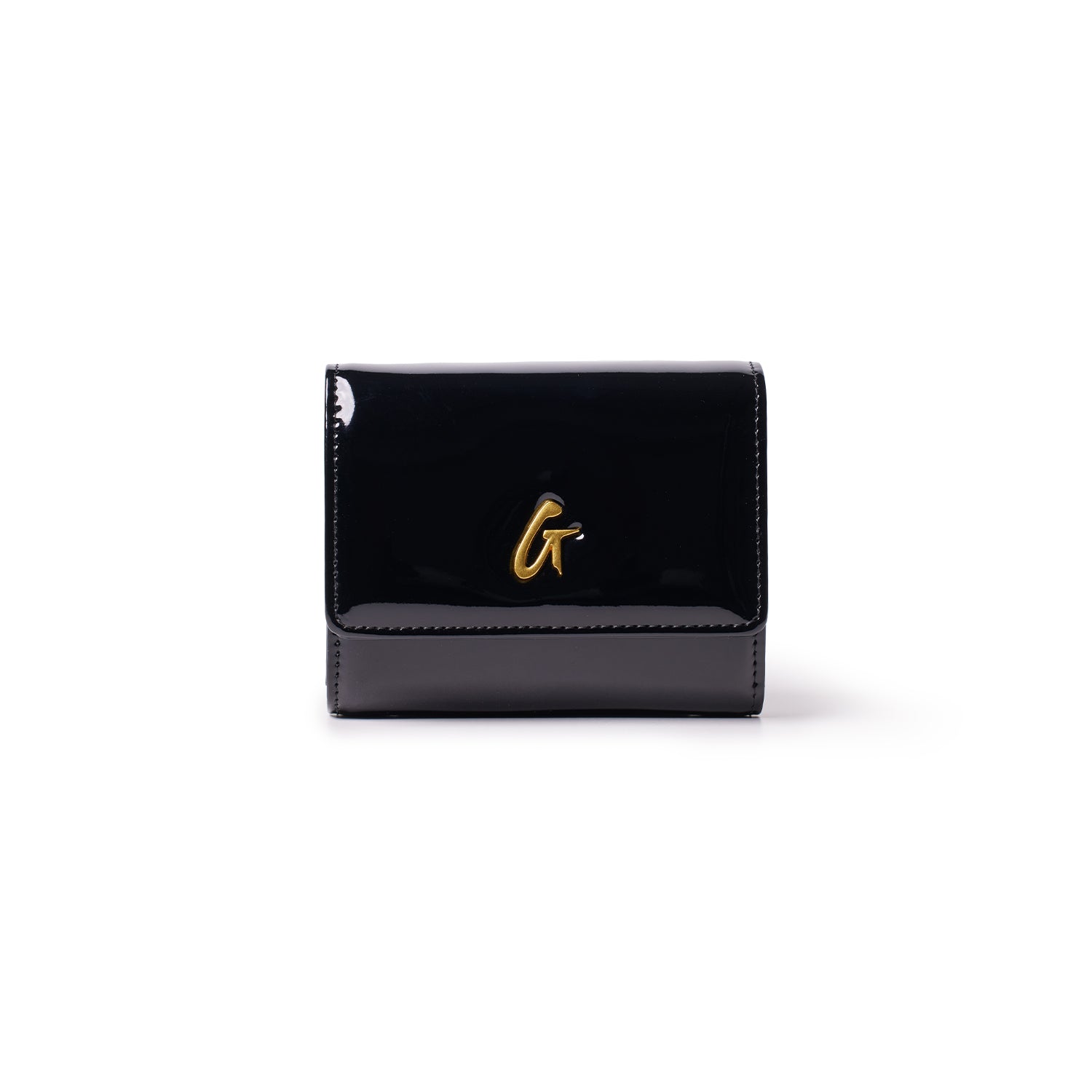 Black compact wallet with a glossy finish, gold "G" logo on the front, and a mirror-like surface.