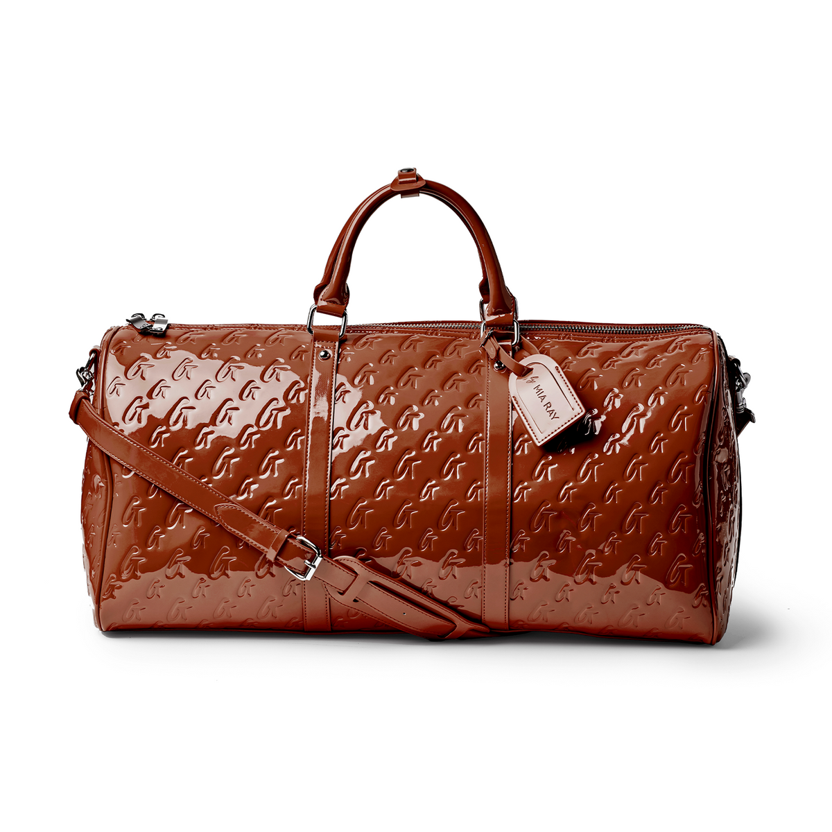 Shiny brown monogram duffle bag with dual handles and detachable shoulder strap, perfect for stylish travel.