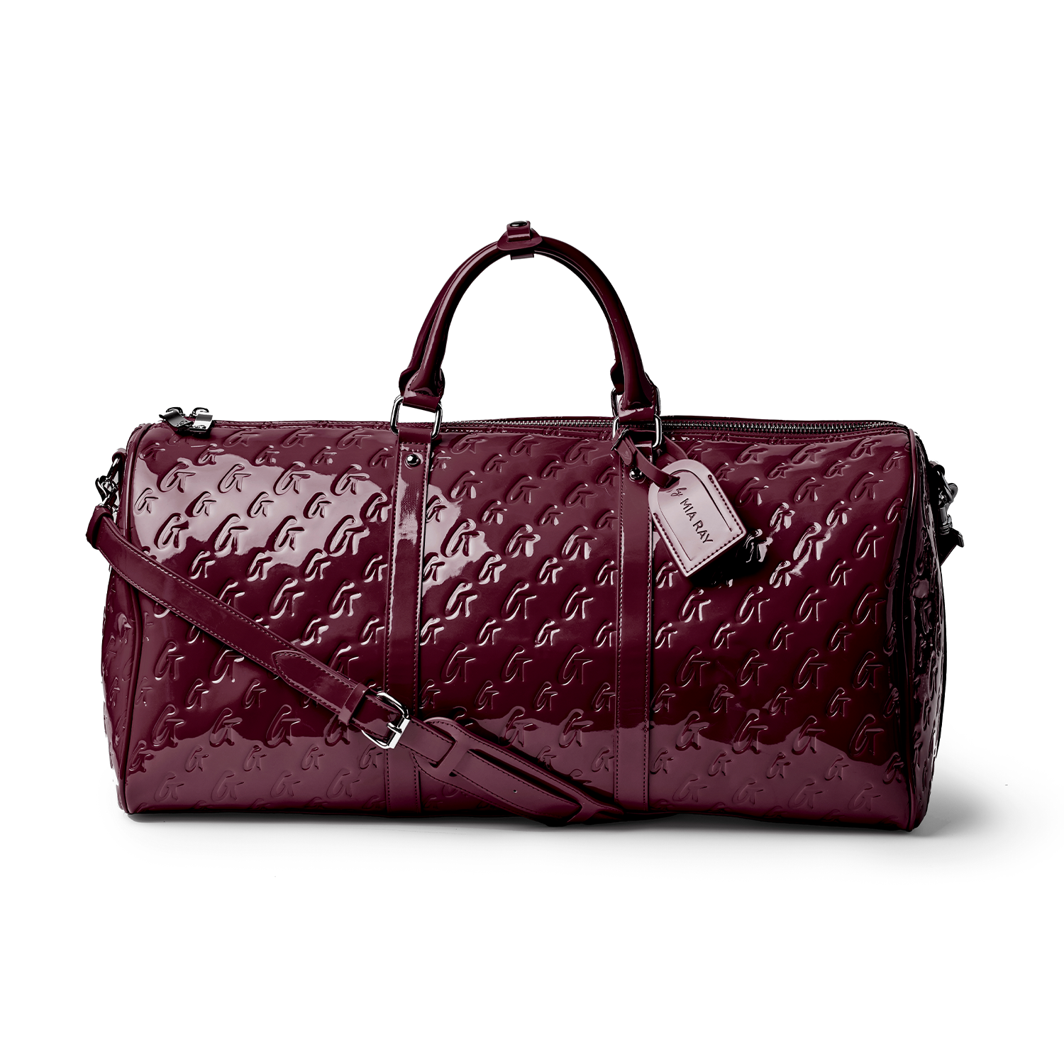 Glossy burgundy monogram duffle bag with dual handles and detachable strap, perfect for stylish travel.