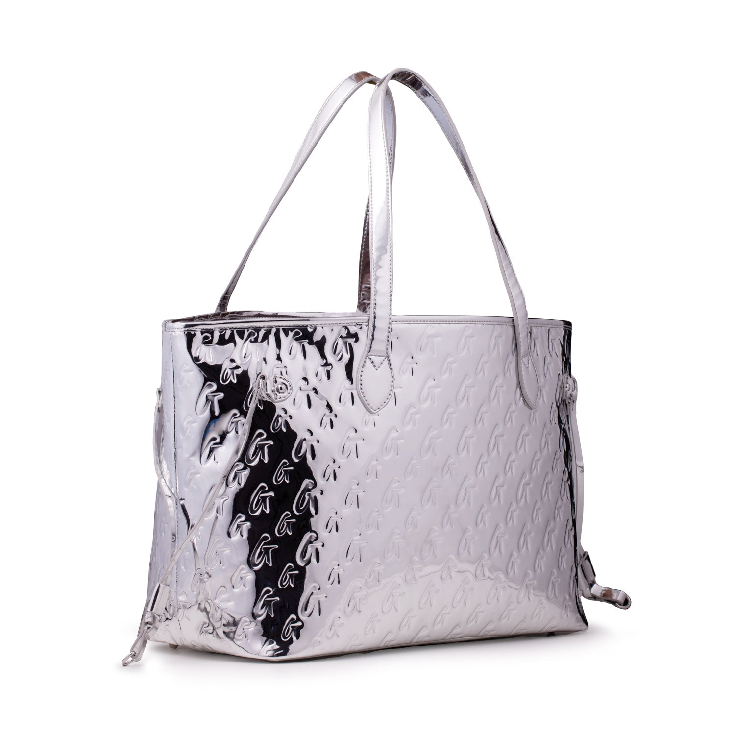 Metallic silver tote bag with embossed monogram pattern, dual handles, and a sleek, shiny finish.