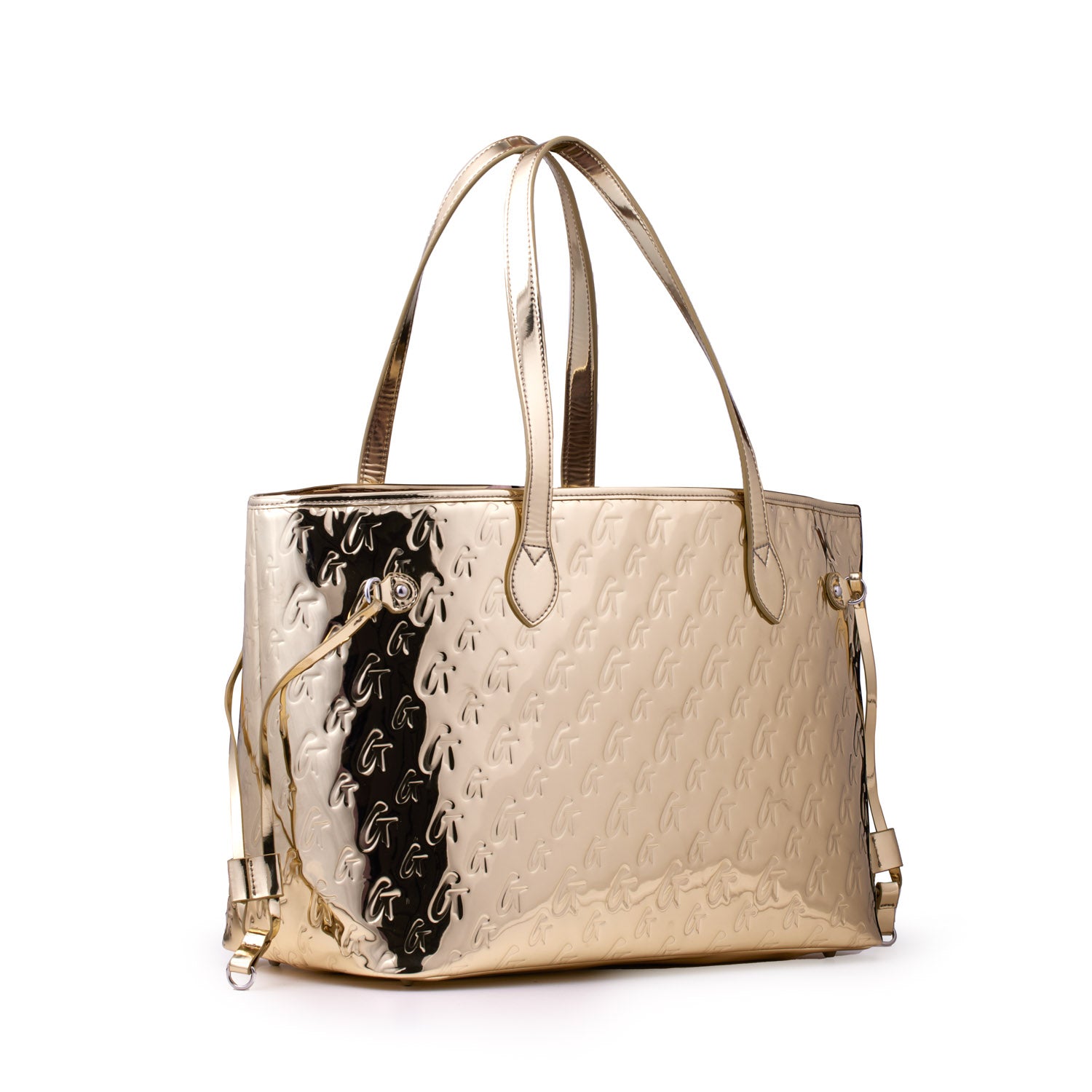 Gold metallic tote bag with embossed monogram pattern, dual handles, and side strap accents.