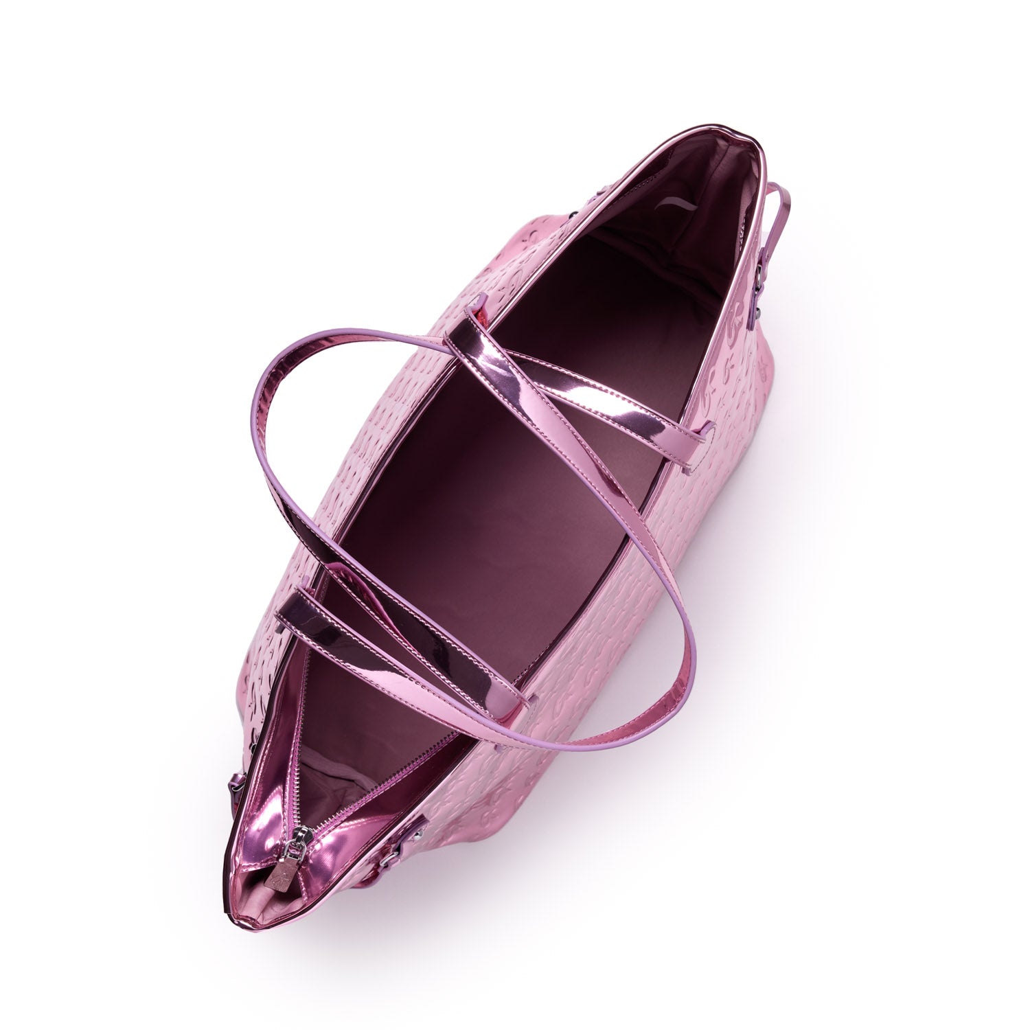 Pink metallic tote bag with monogram design, shiny handles, and spacious interior, perfect for stylish everyday use.