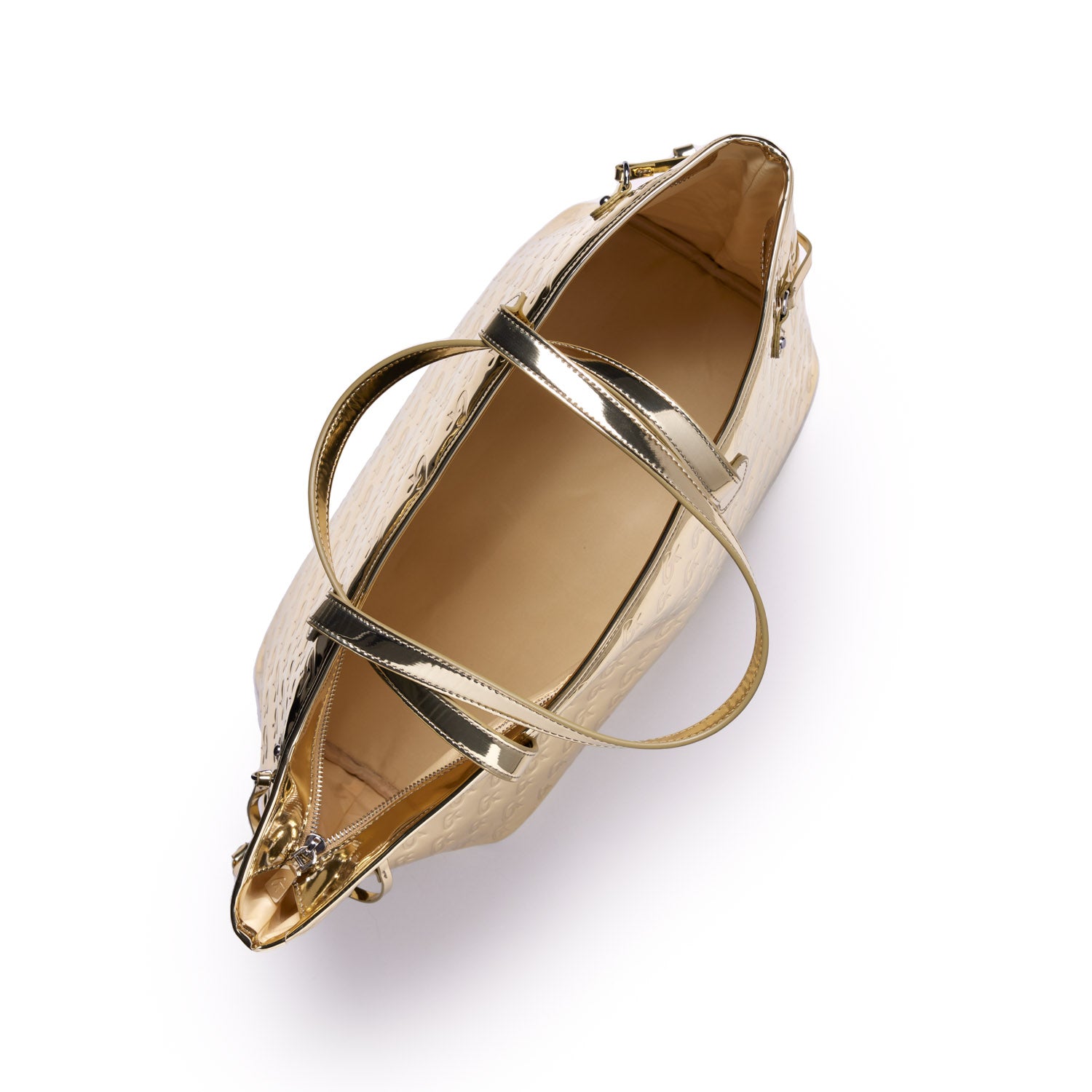 Gold metallic tote bag with monogram details, dual handles, and a spacious interior, perfect for stylish everyday use.