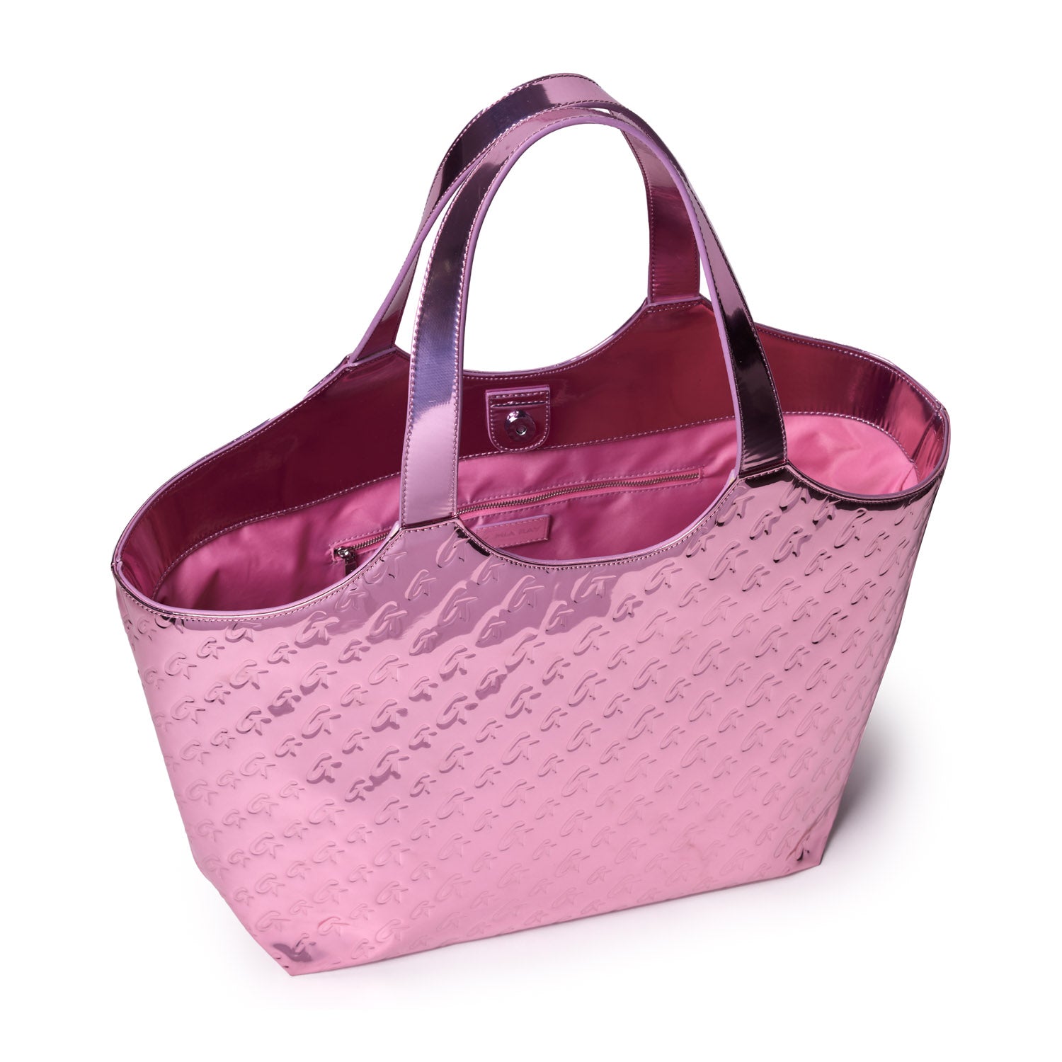 Metallic pink tote bag with embossed logo pattern, shiny handles, and a spacious interior.