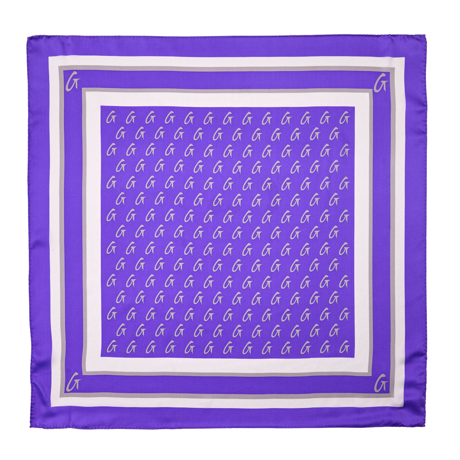 Large purple silk scarf with a monogram pattern featuring white "G" initials and a border design.