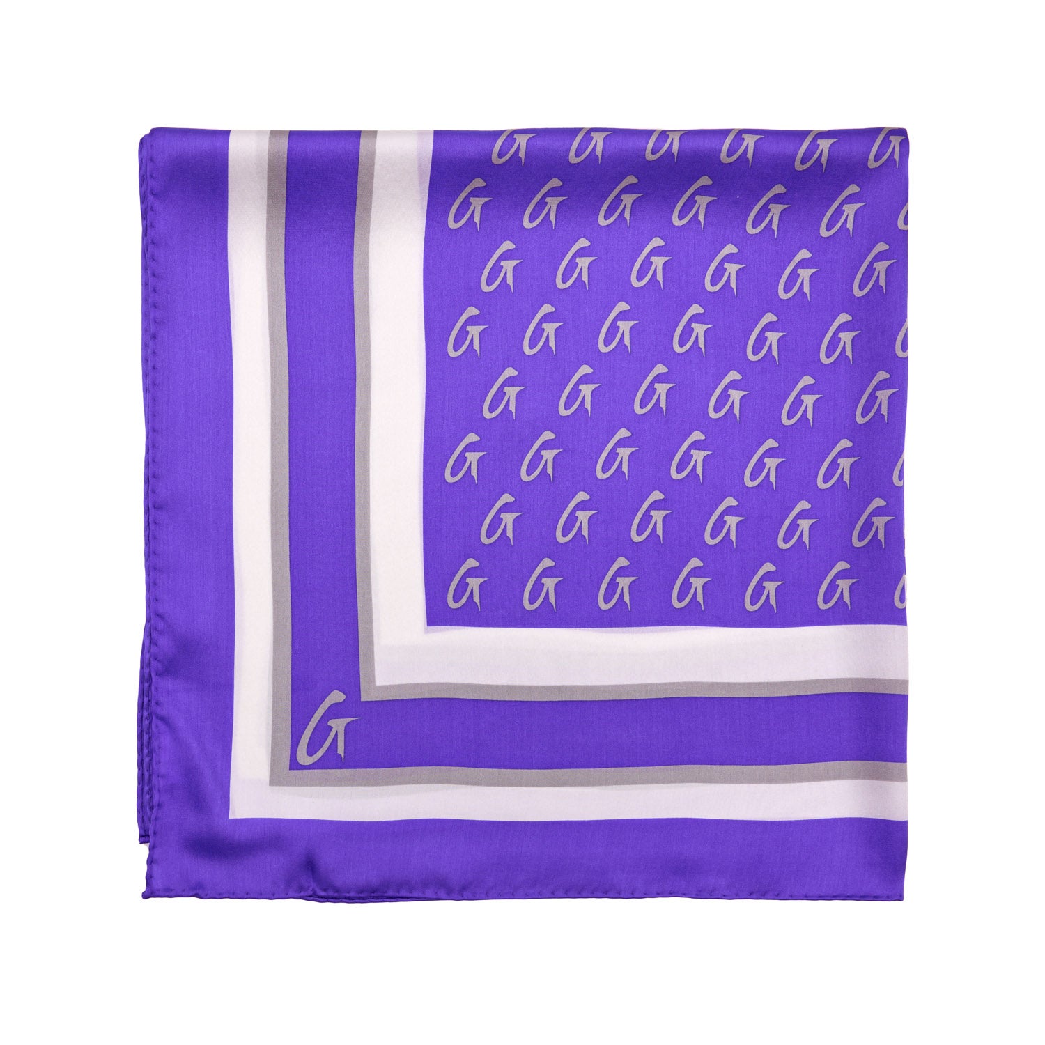 Purple silk scarf with a monogram pattern, featuring a border and a small logo in the corner.