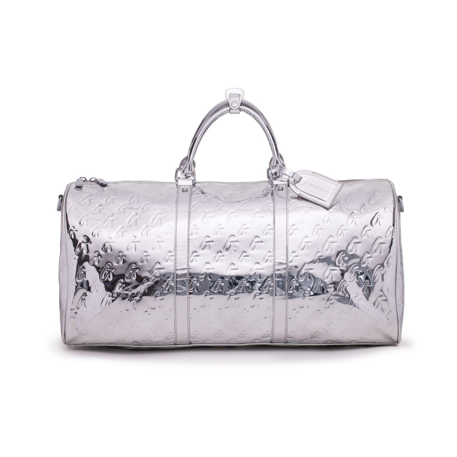 Metallic silver monogram travel set featuring a spacious duffel bag with sturdy handles and a sleek design.