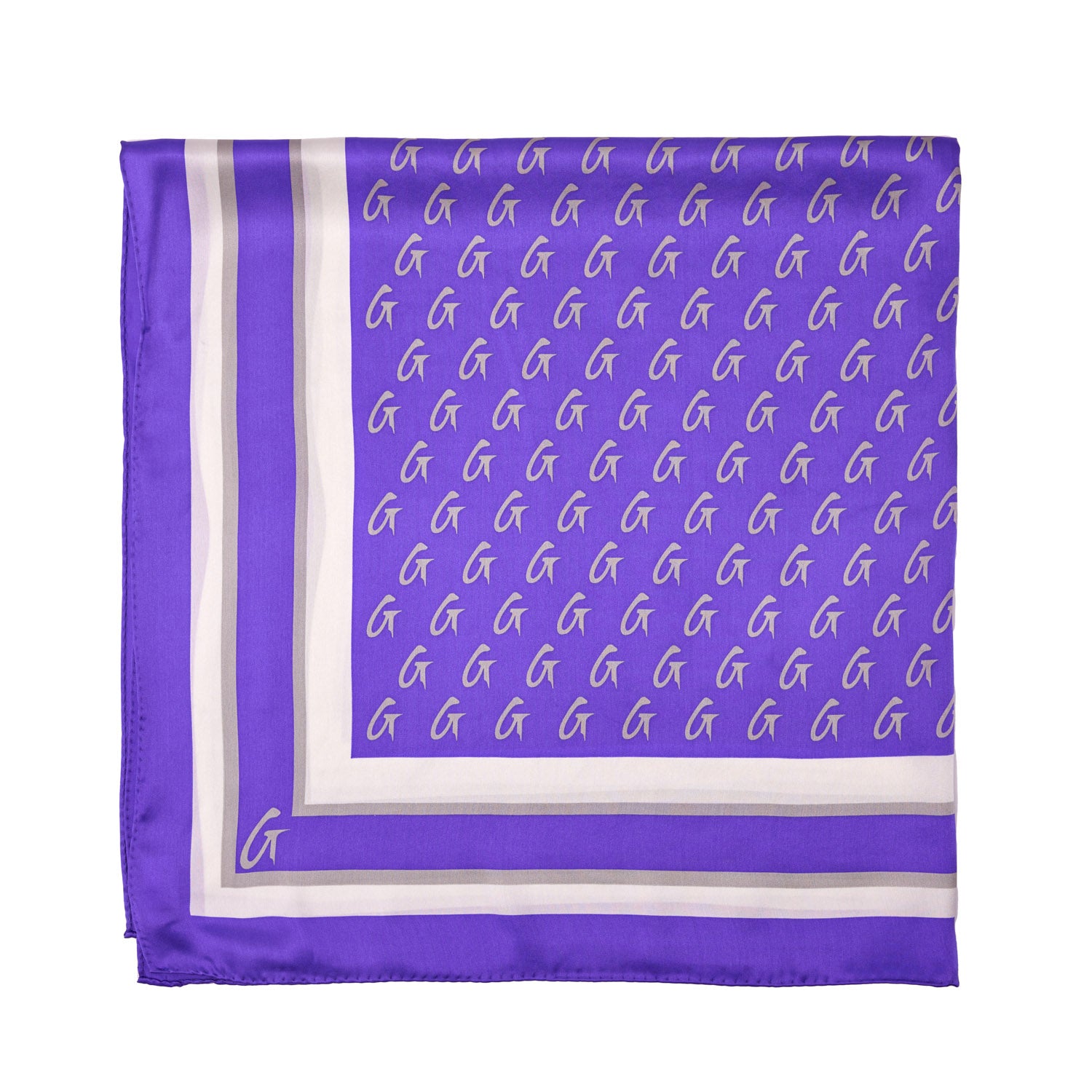 Large purple silk scarf with a monogram pattern and white border, featuring a small "G" logo in the corner.