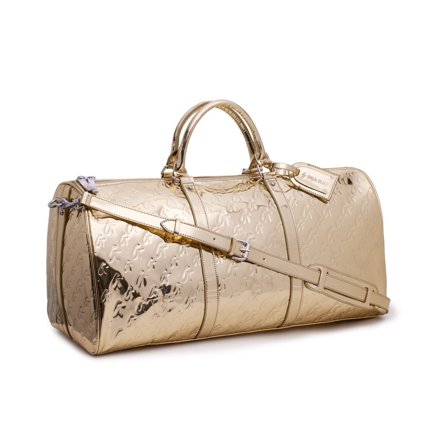 Metallic gold duffle bag with embossed monogram pattern, dual handles, adjustable shoulder strap, and gold-tone hardware.