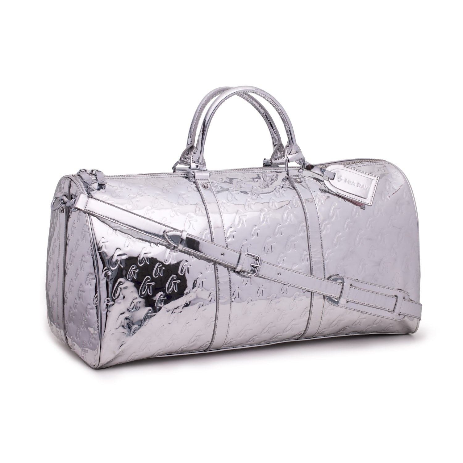 Metallic silver duffle bag with embossed logo pattern, dual handles, adjustable shoulder strap, and zip closure.