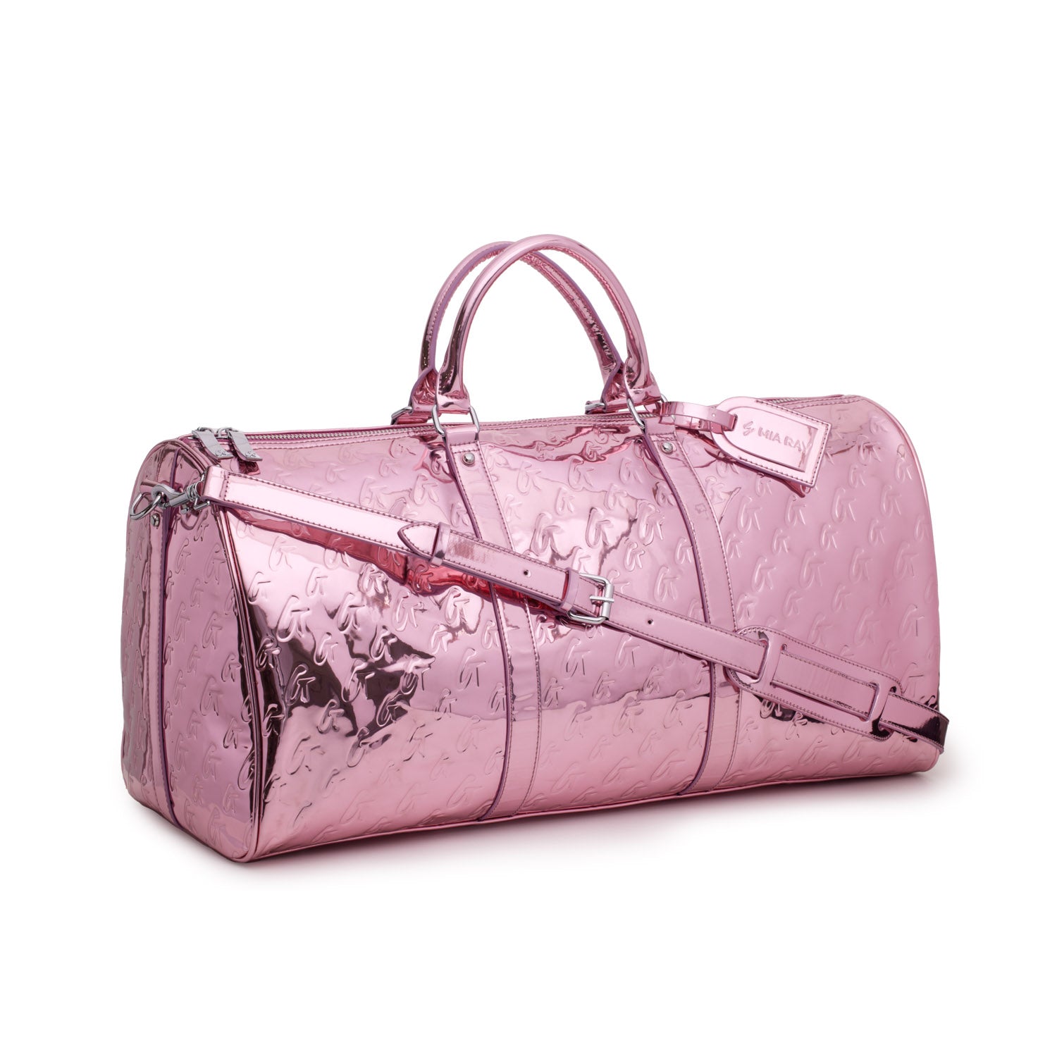 Metallic pink monogram duffle bag with embossed logo pattern, dual handles, and adjustable shoulder strap.
