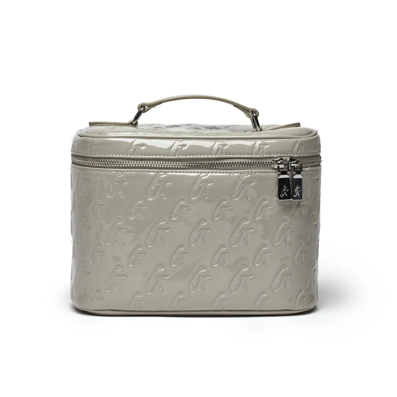 Large monogram toiletry bag in mirror gray, featuring a sleek design, zip closure, and convenient handle for easy carrying.