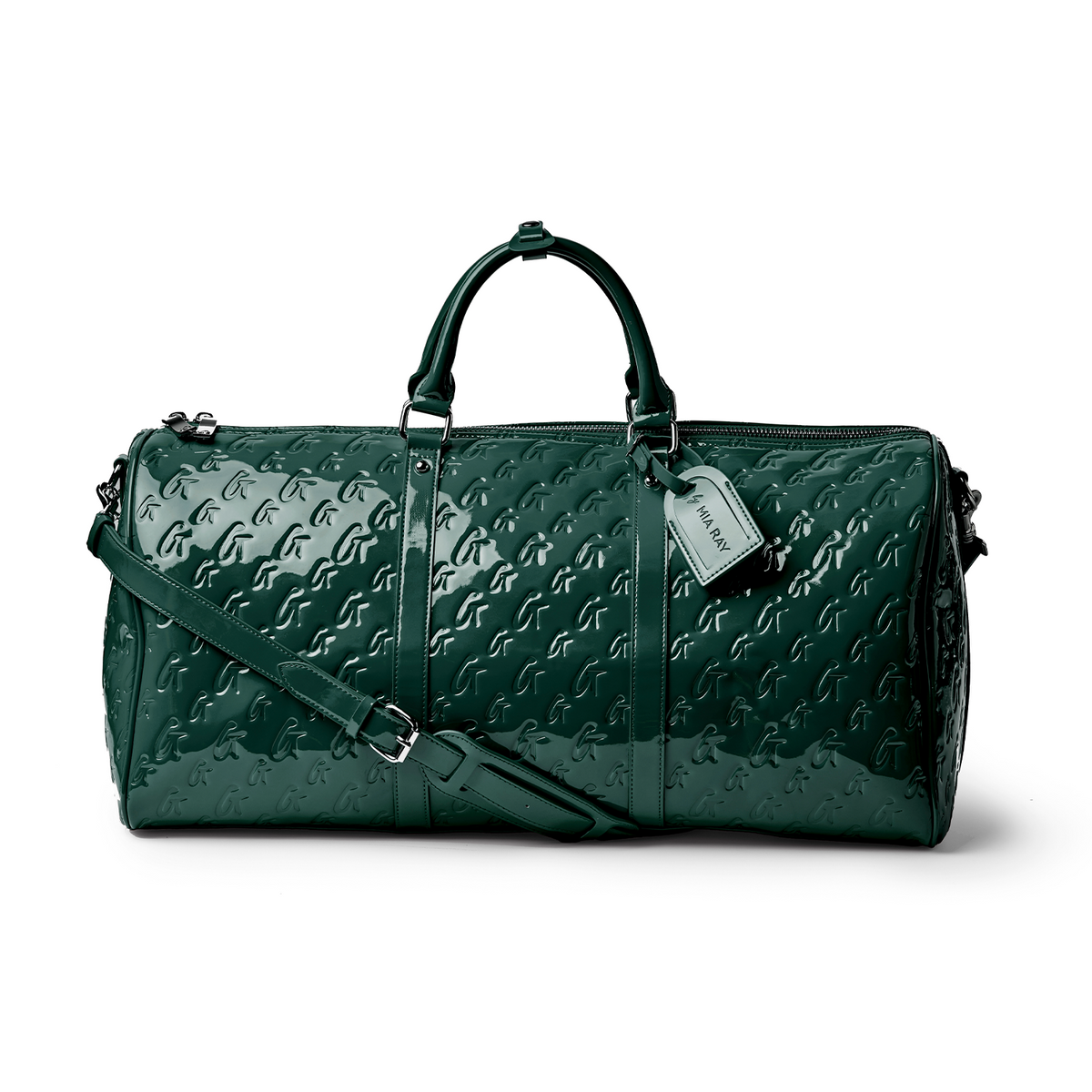 Monogram duffle bag in mirror green with a glossy finish, featuring dual handles and a detachable shoulder strap.
