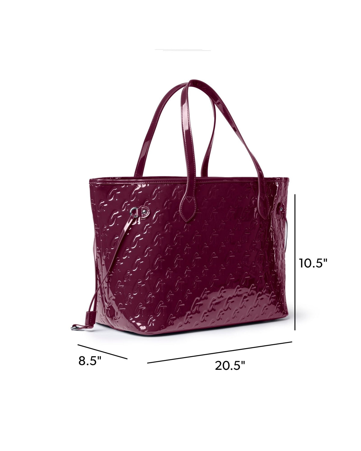 Monogram Glam Tote in mirror burgundy with wristlet, featuring a sleek design and spacious interior for everyday use.
