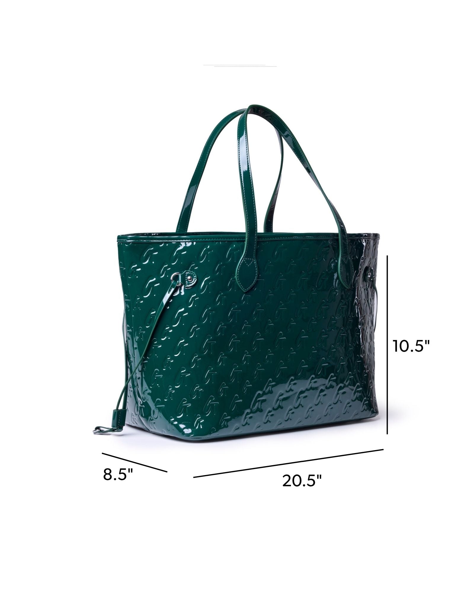 Mirror green monogram glam tote with wristlet, featuring a glossy finish and spacious design for stylish organization.