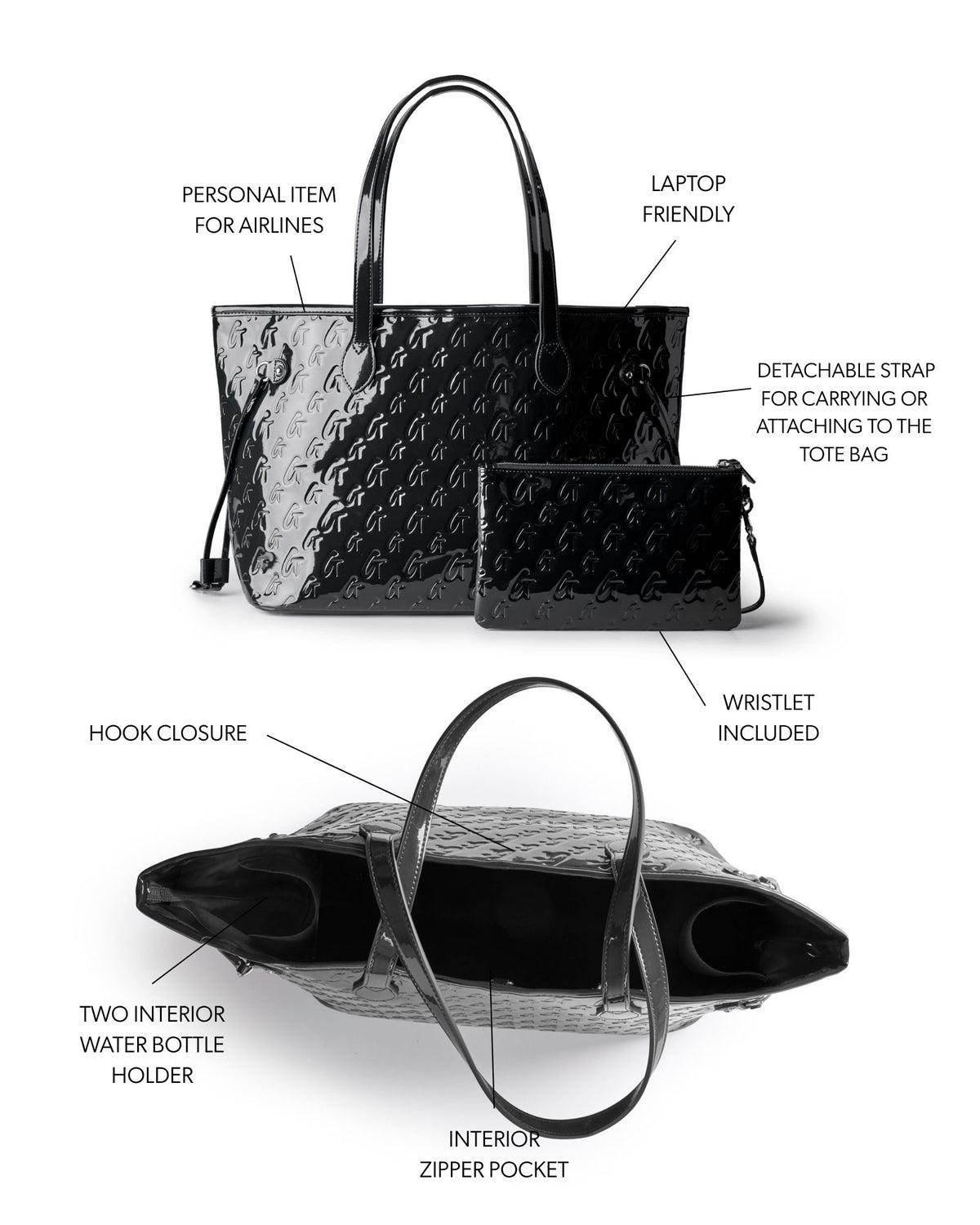 Monogram Glam Tote in mirror black with detachable wristlet, interior pockets, and laptop-friendly design.
