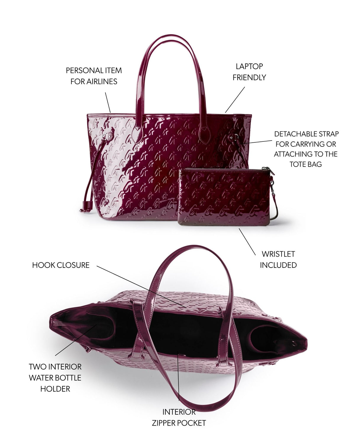 Mirror burgundy monogram glam tote with wristlet, featuring interior pockets, detachable strap, and laptop-friendly design.