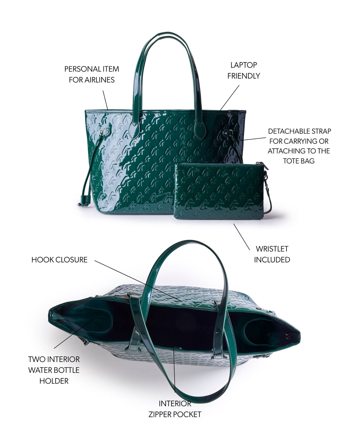 Mirror green monogram glam tote with detachable wristlet, interior zipper pocket, and two water bottle holders.