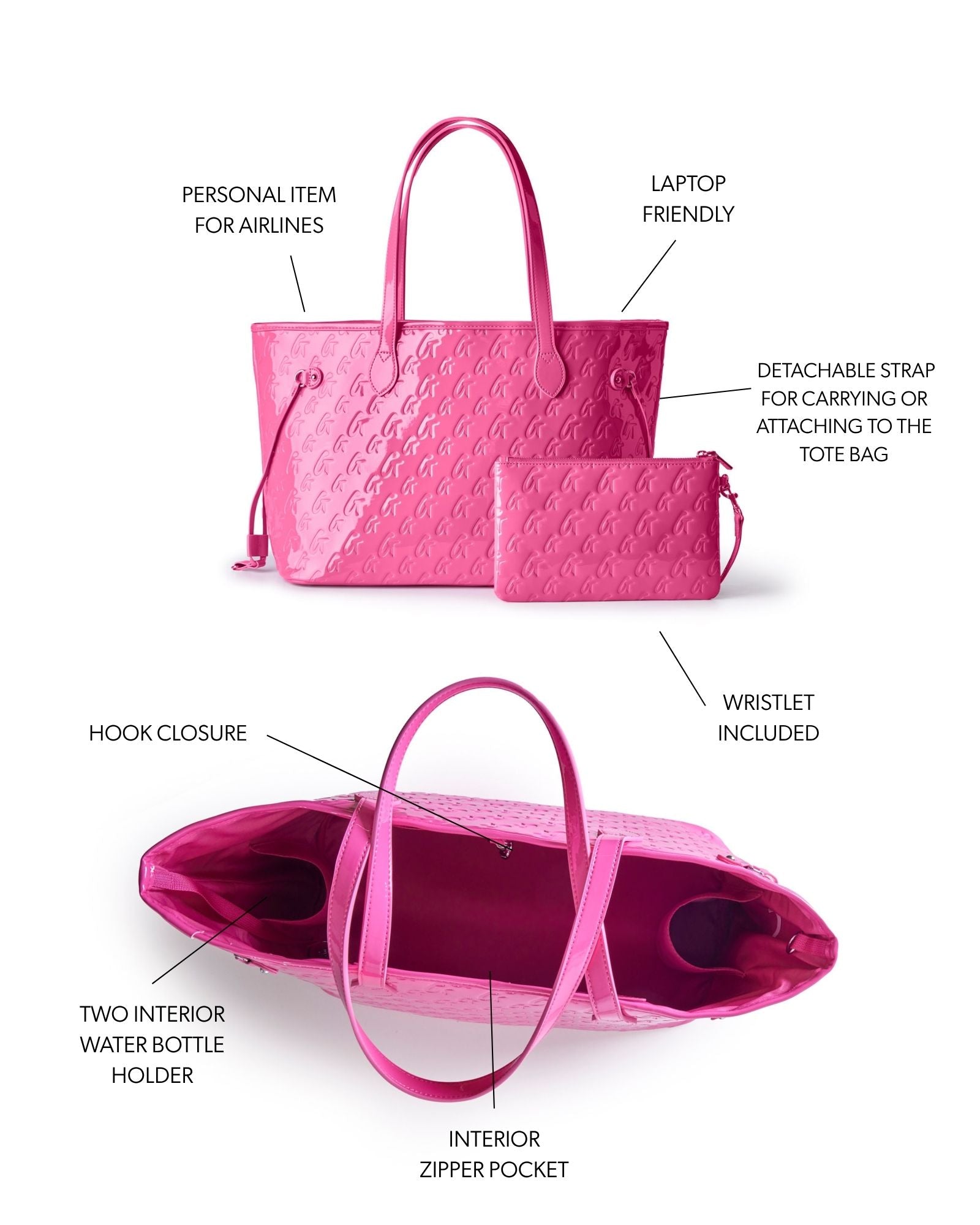 Hot pink monogram tote bag with detachable wristlet, interior pockets, and water bottle holder for stylish organization.