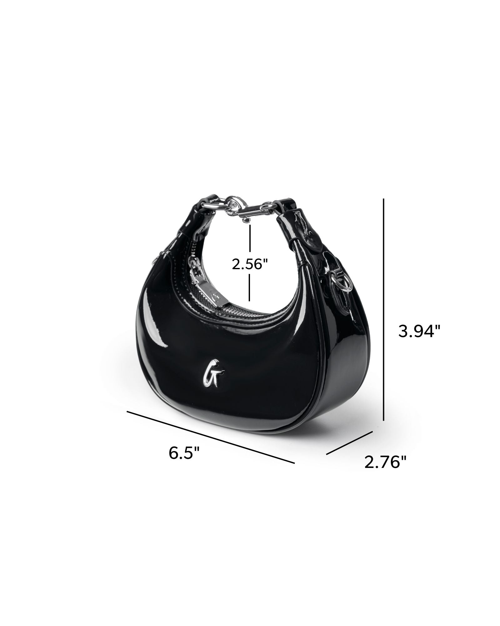 Sleek black hobo bag with a glossy finish, featuring a stylish curved shape and a short handle.