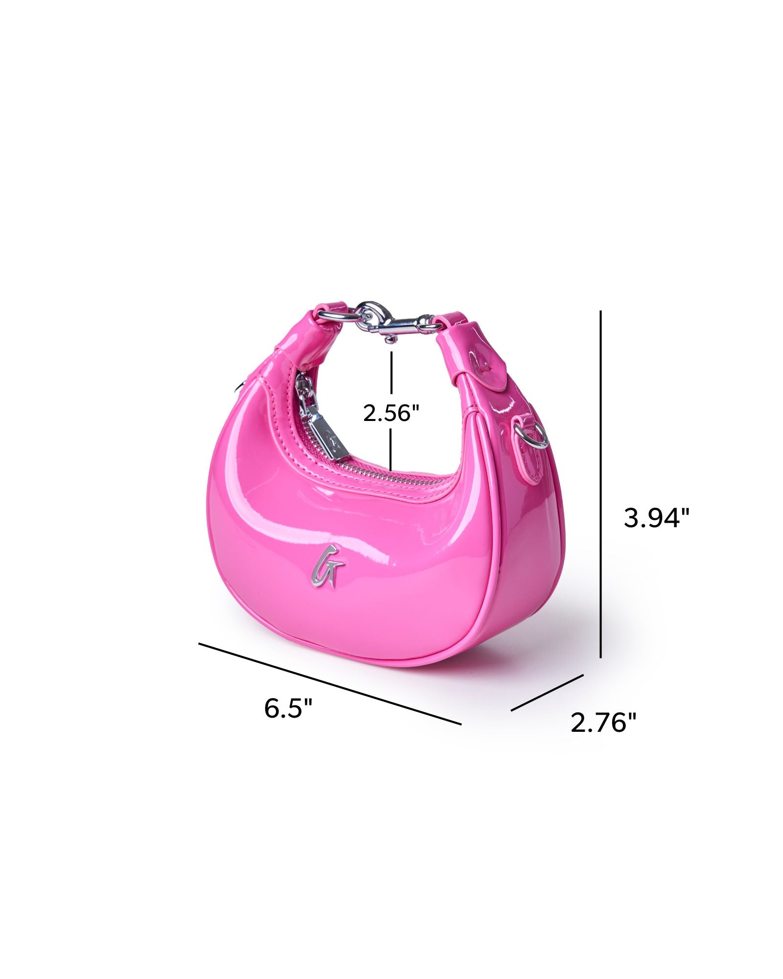 Hot pink hobo bag with a glossy finish, featuring a zip closure and stylish handle, perfect for chic outings.