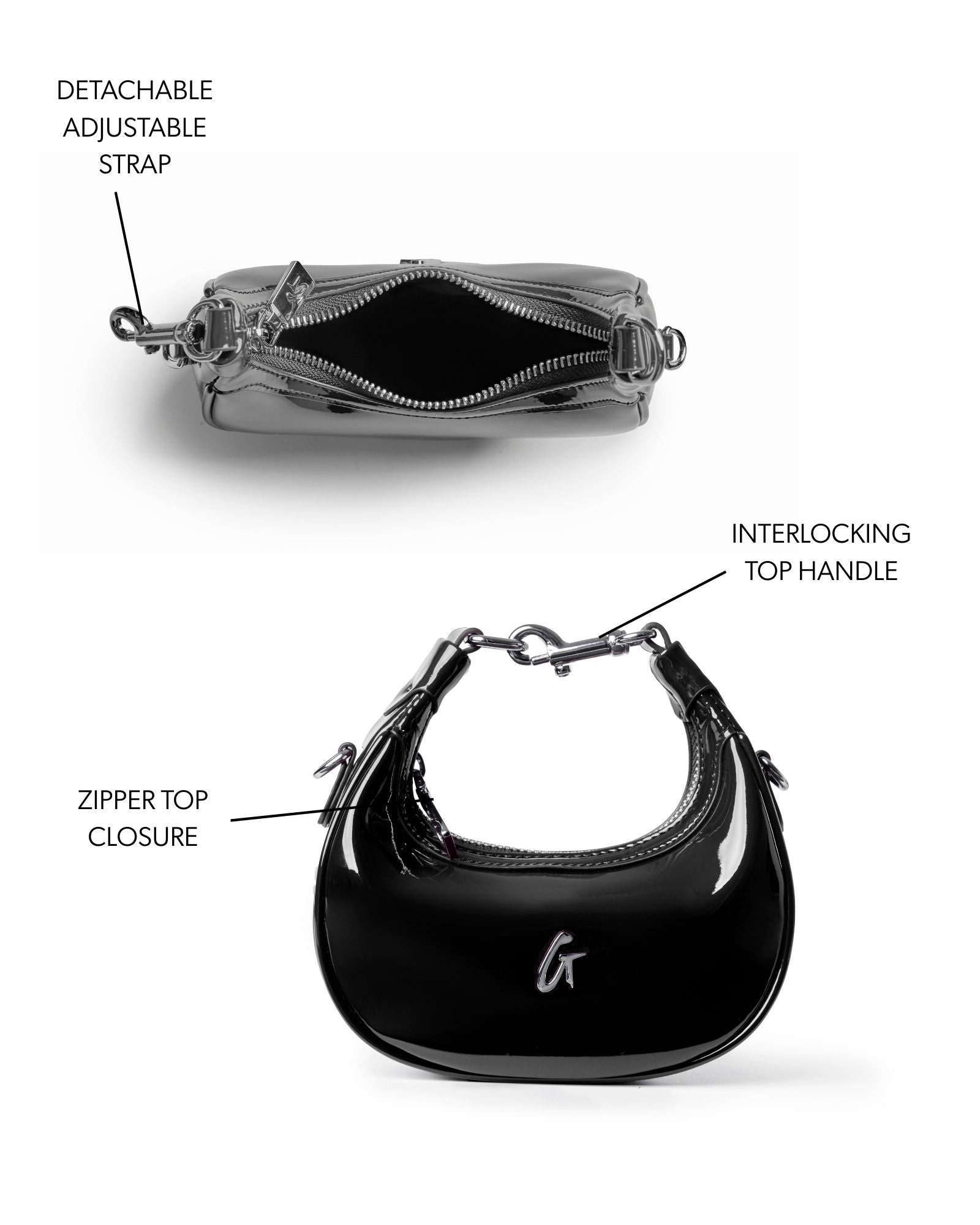 Sleek Nano Mirror Hobo Bag in Mirror Black with adjustable strap, interlocking top handle, and zipper closure.