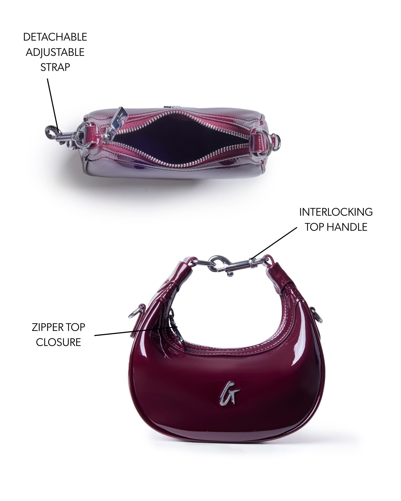 Burgundy hobo bag with a detachable adjustable strap, zipper top closure, and interlocking top handle.