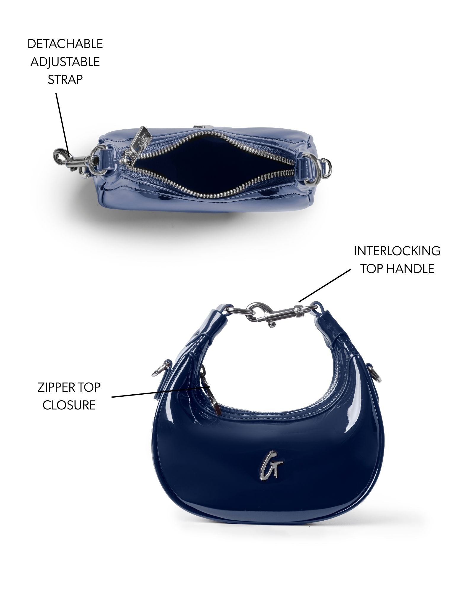 NANO MIRROR HOBO BAG in mirror navy with detachable strap, interlocking top handle, and zipper closure.