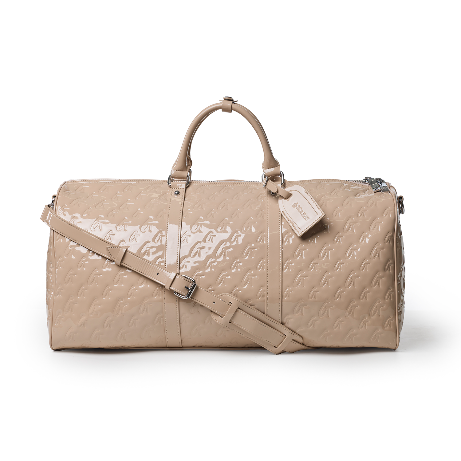 Stylish mirror nude monogram duffle bag with a sleek design, featuring dual handles and a detachable strap.