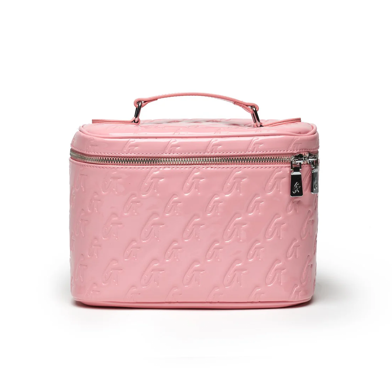 Large monogram toiletry bag in mirror pink with a zip closure and top handle, perfect for organizing beauty essentials.