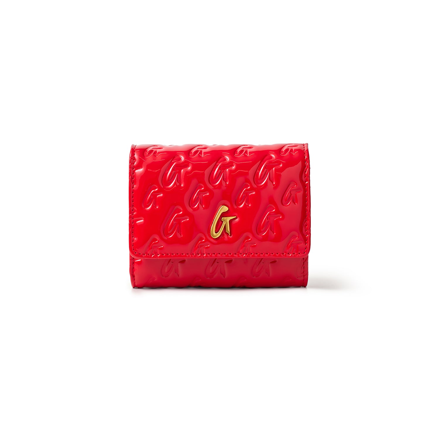 Red Monogram Gold Compact WOC mirror wallet with embossed G pattern and gold G logo on the front.