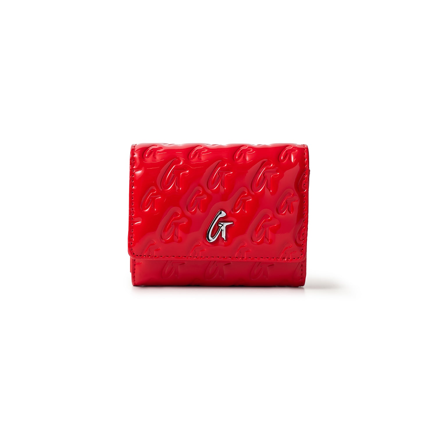 Red Monogram Silver Compact WOC wallet with embossed G pattern and a small silver logo on the front.