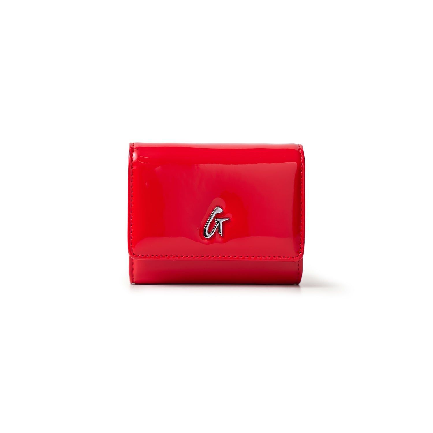 Red compact wallet with a silver "G" logo, featuring a mirror finish and a sleek, modern design.