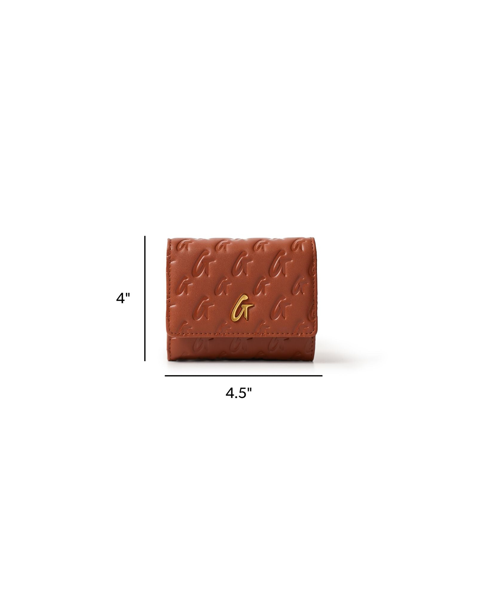 Brown monogram compact wallet on chain featuring a gold logo, measuring 4 inches by 4.5 inches, ideal for stylish storage.