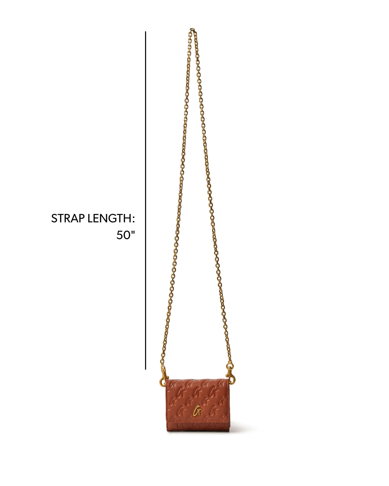 Brown monogram gold compact WOC handbag with a 50-inch chain strap, perfect for stylish, hands-free convenience.