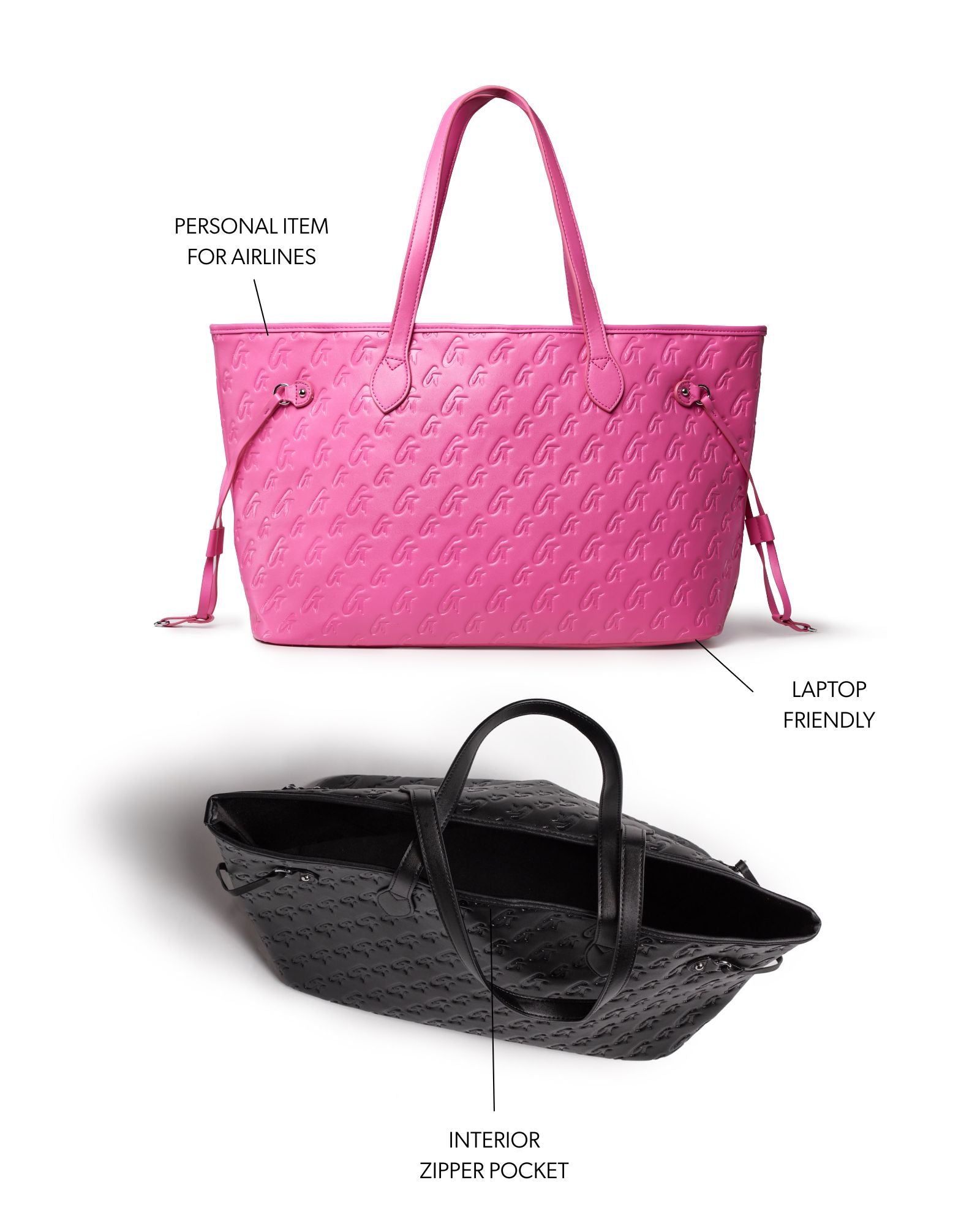 Hot pink monogram tote bag with dual handles, laptop-friendly design, and interior zipper pocket for organization.