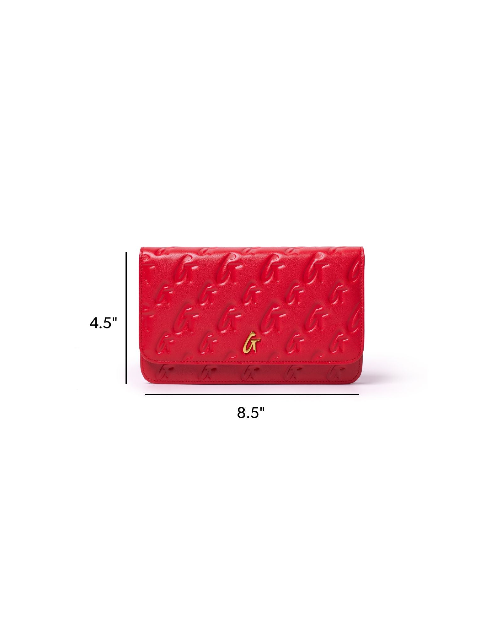 Red monogram wallet on a chain with a gold logo, measuring 8.5 inches wide and 4.5 inches tall.
