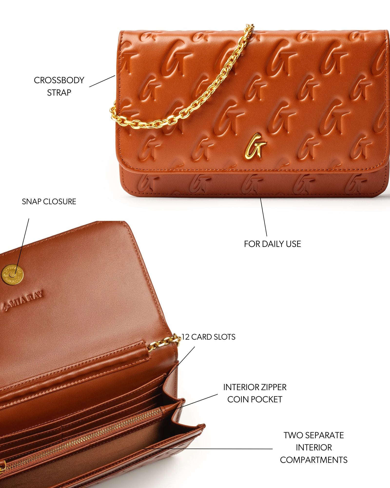 Brown monogram gold wallet on a chain featuring a snap closure, crossbody strap, and multiple card slots.