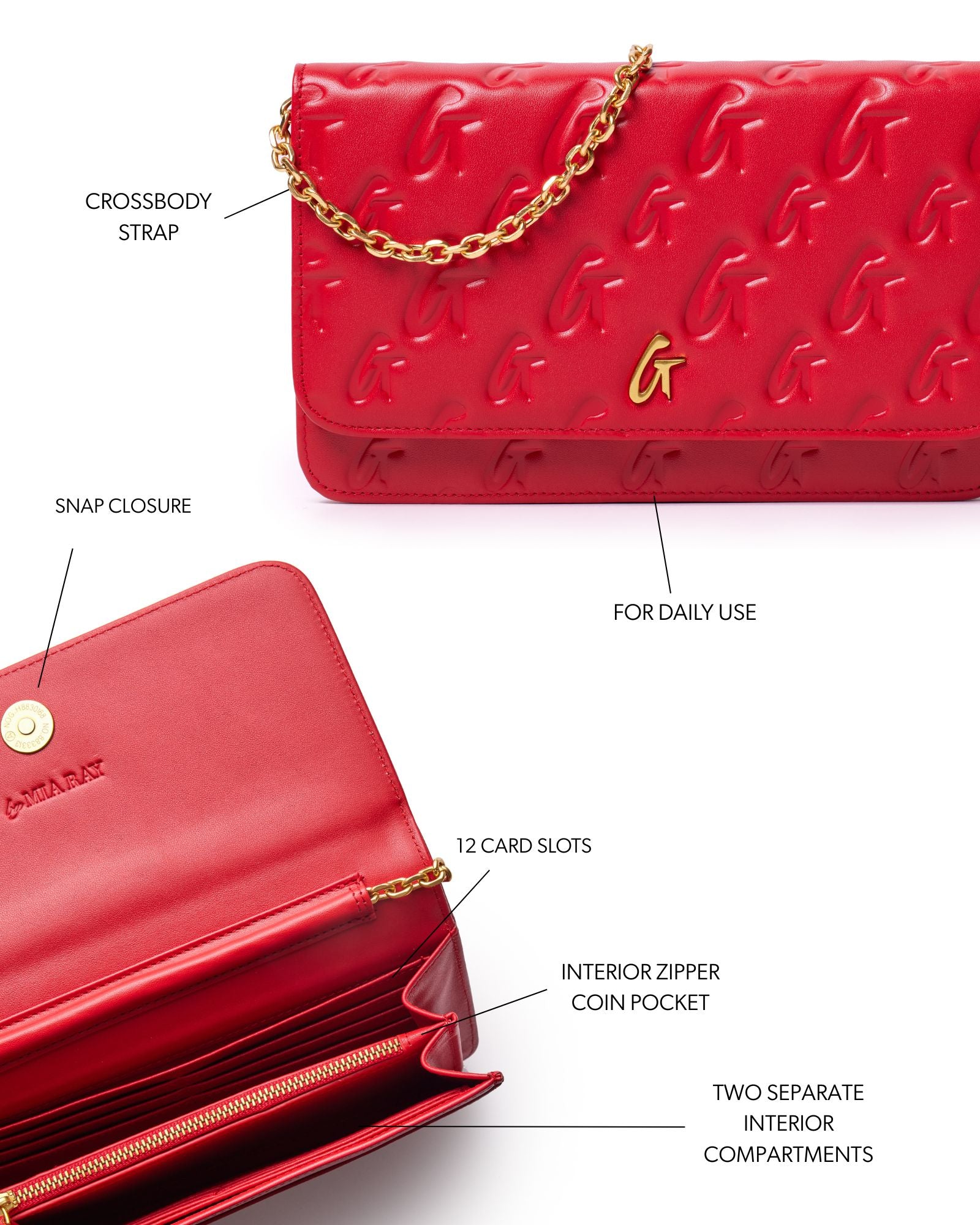 Red monogram gold WOC handbag with crossbody strap, snap closure, 12 card slots, and interior zipper coin pocket.