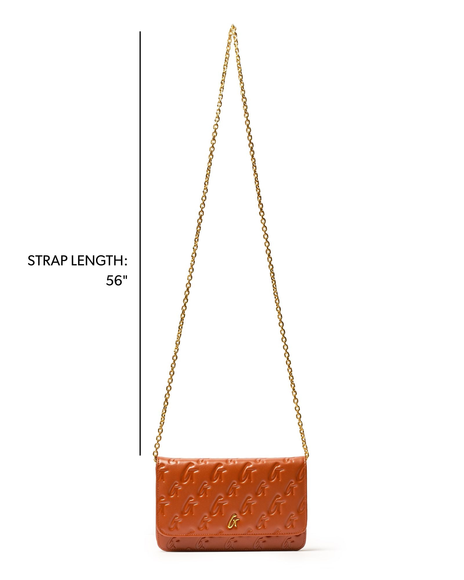 Brown monogram gold WOC handbag with a 56-inch chain strap, featuring an embossed logo design for a chic look.