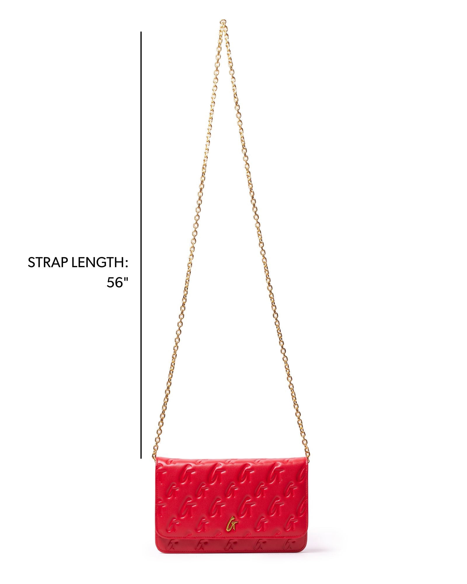 Red monogram gold WOC handbag with a 56-inch chain strap, perfect for stylish, affordable luxury.